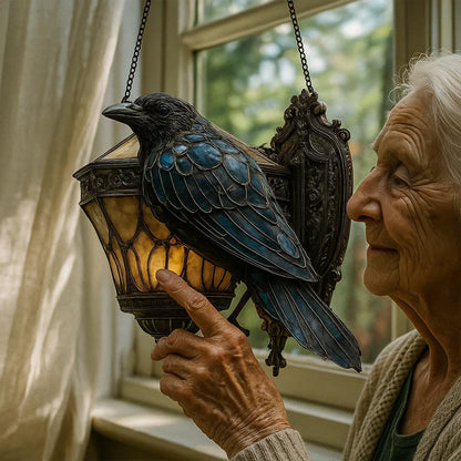 Rieten lantaarn in gebrandschilderd glas