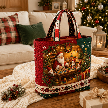 Vintage kerst-draagtas met kerstmanprint | Feestelijke herbruikbare boodschappentas