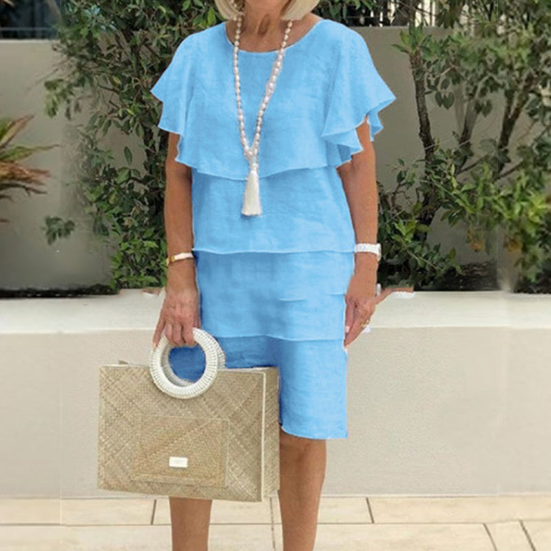 🌸Ronde hals. klokkende mouw. gelaagde midi-jurk