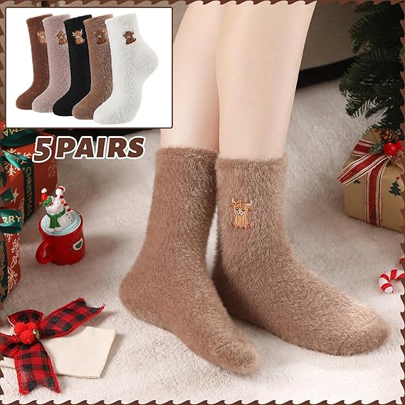 🔥Women's Cute Warm Highland Cow Embroidered Plush Socks