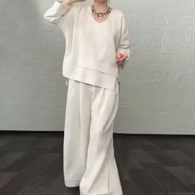 💞Gratis verzending⏳Effen kleur ronde hals lange mouwen casual top middelhoge taille zak rechte broek tweedelig set