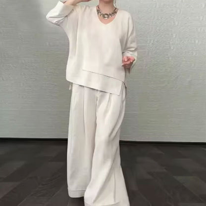 💞Gratis verzending⏳Effen kleur ronde hals lange mouwen casual top middelhoge taille zak rechte broek tweedelig set