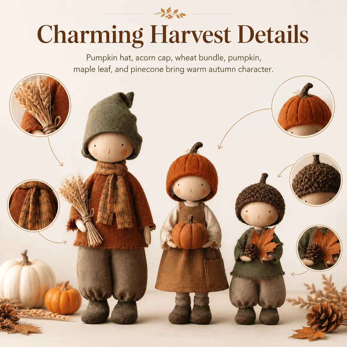 🍁 Set van 3 rustieke herfstfiguurtjes – Mooie oogstdecoratie voor een gezellige herfstsfeer 🍂