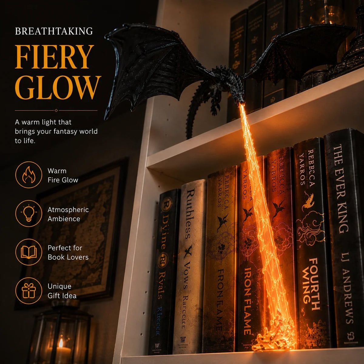 🐉 Vuurspuwende draak-boekenplankdecoratie-lamp + LED-vlamverlichtingsset
