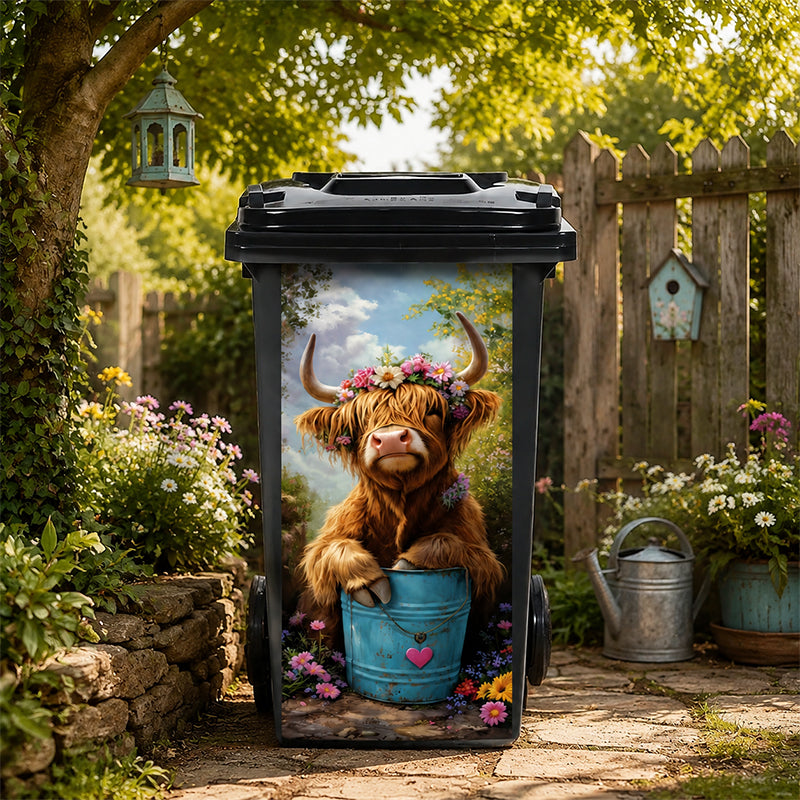🐮 Afvalbaksticker met bloemenprint van een Highland-ko