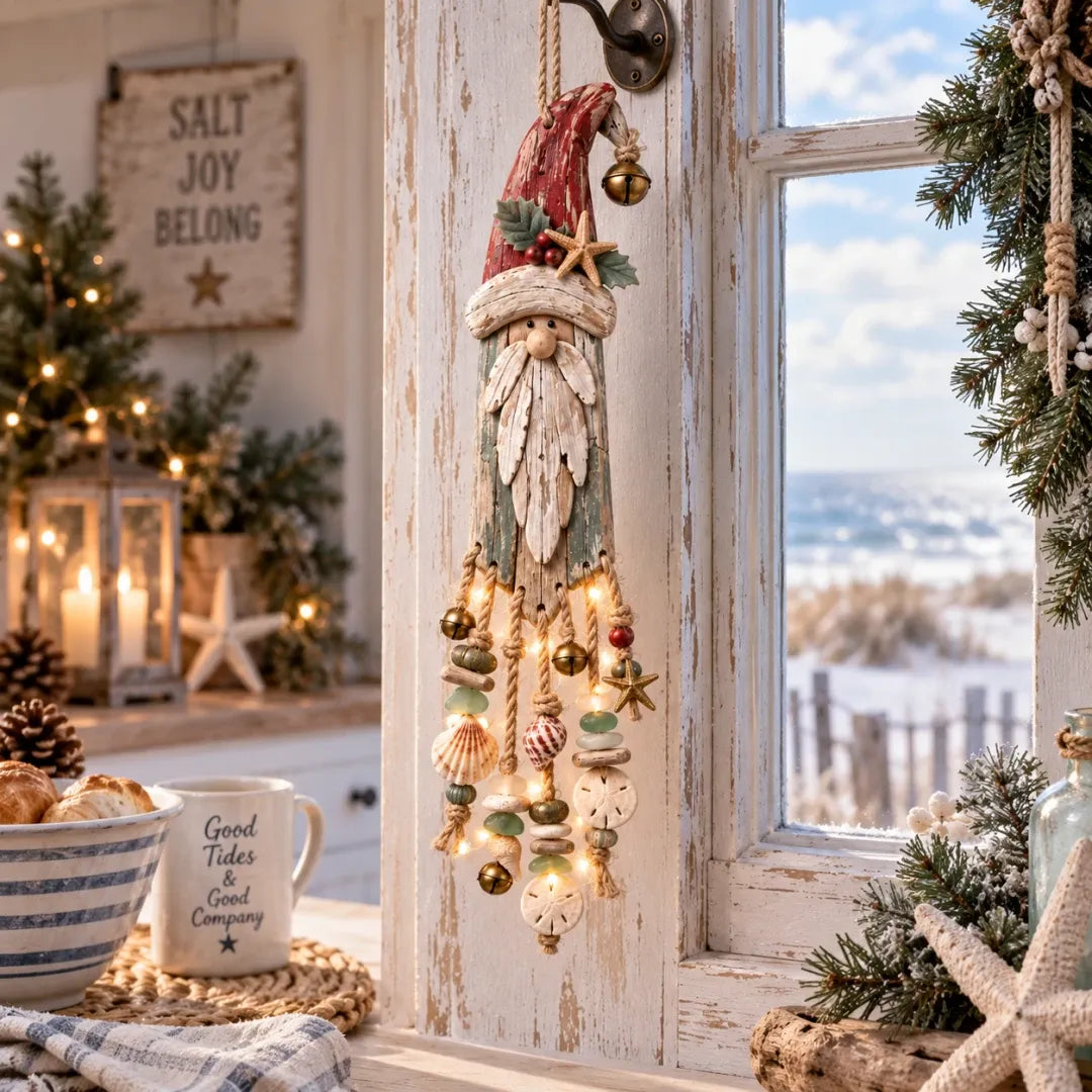 Vintage kustthema: verlichte kerstwandversiering met Kerstman – Kerstversiering voor het strandhuis met zeesterren, schelpen en een warme gloed