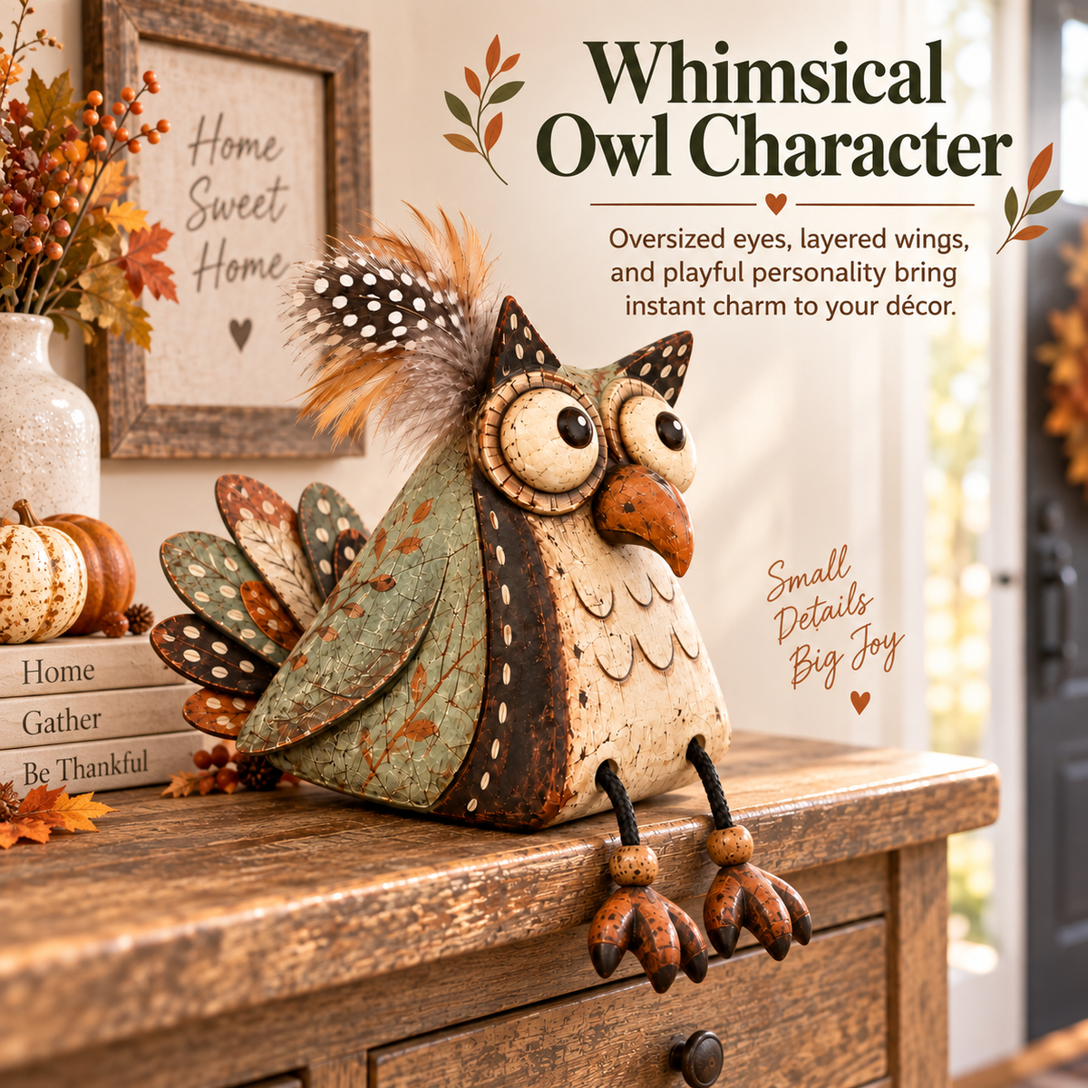 🦉 Rustieke Uil Plankzitter Decoratie met Bungelende Poten — Landelijke Sfeer