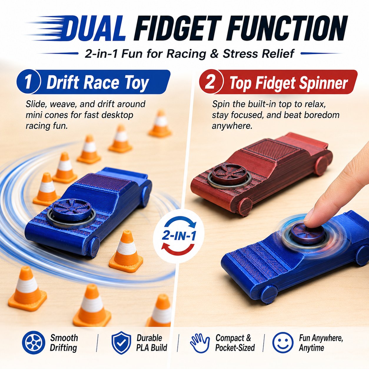 🏎️ De FidgetDrifter | Draagbaar drift-speelgoedautootje