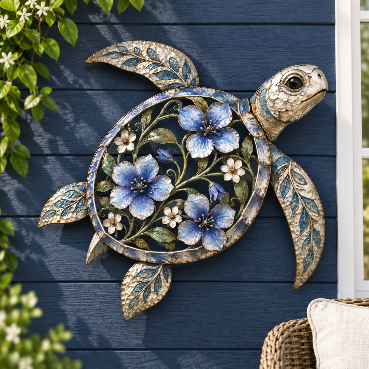 🐢 Wandbeeld van een zeeschildpad — Geëmailleerde bloemmotieven in kuststijl met metalen schubben met textuur | Oceaandecoratie voor binnen en buiten, voor de veranda, het terras en de tuin