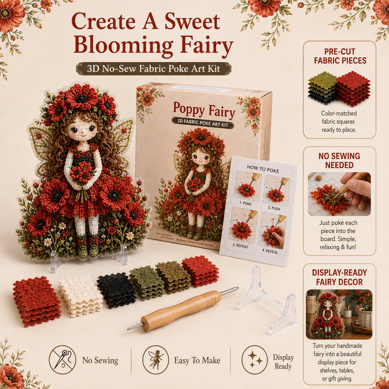 🔥HOT SALE 49% KORTING – 🌸🧚‍♀️ Flower Fairy 3D-stof-poke-art-set | Naai-vrij knutselproject van zachte stof met een reliëfbloemmotief en een kant-en-klare feeënversiering ✨