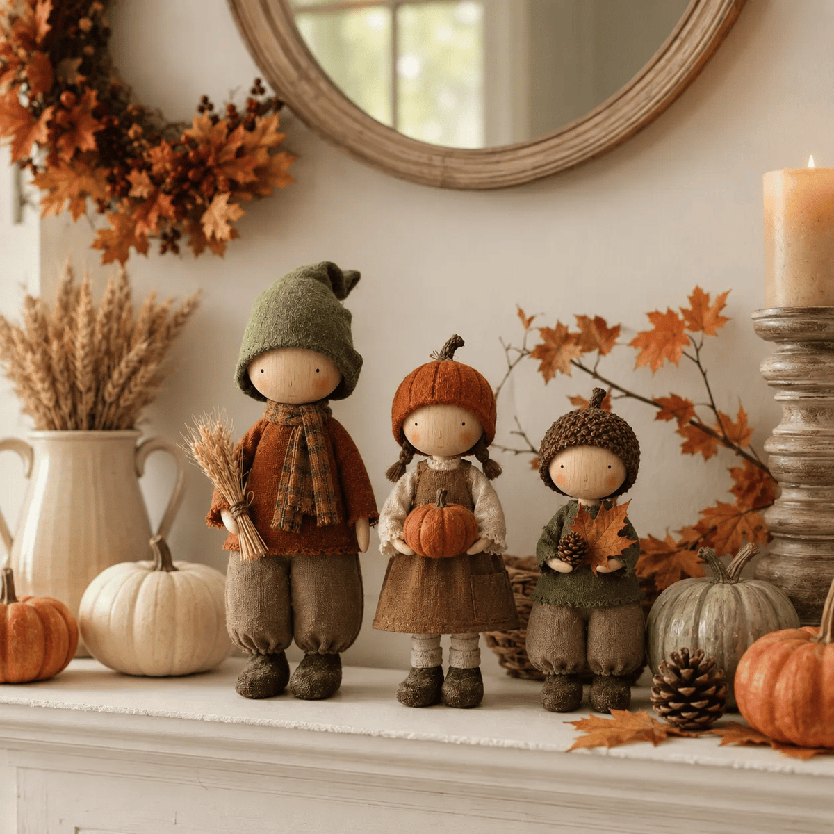 🍁 Set van 3 rustieke herfstfiguurtjes – Mooie oogstdecoratie voor een gezellige herfstsfeer 🍂