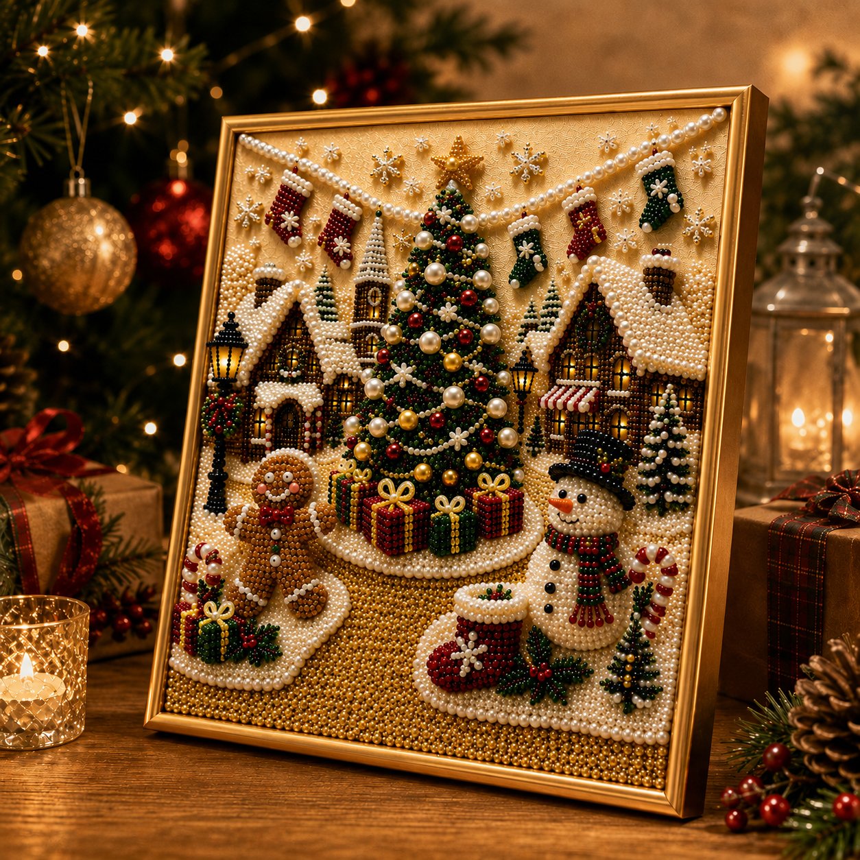 🎄🎅 Premium 3D-kerstwanddecoratieset met parels | Luxe canvas met flocklaag en krasbestendige, kleurvaste parelkorrels – doe-het-zelf kerstdecoratie ⛄️❄️