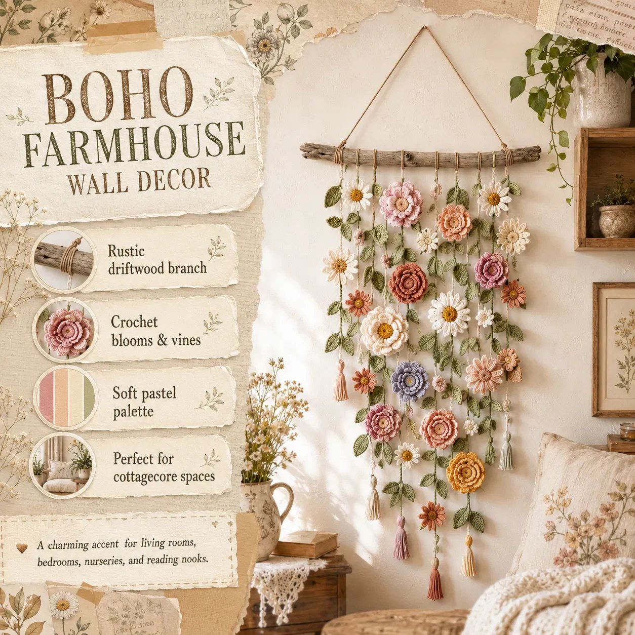 Boho-wanddecoratie met gehaakte bloemen