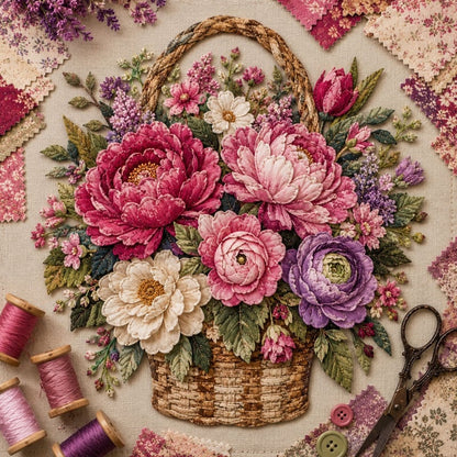 🌸🧵 Premium bloemenmand-patchwork-doe-het-zelfpakket | Hoogwaardig boeket van gelaagde stoffen met reliëfbloemblaadjes en geweven manddetails ✨
