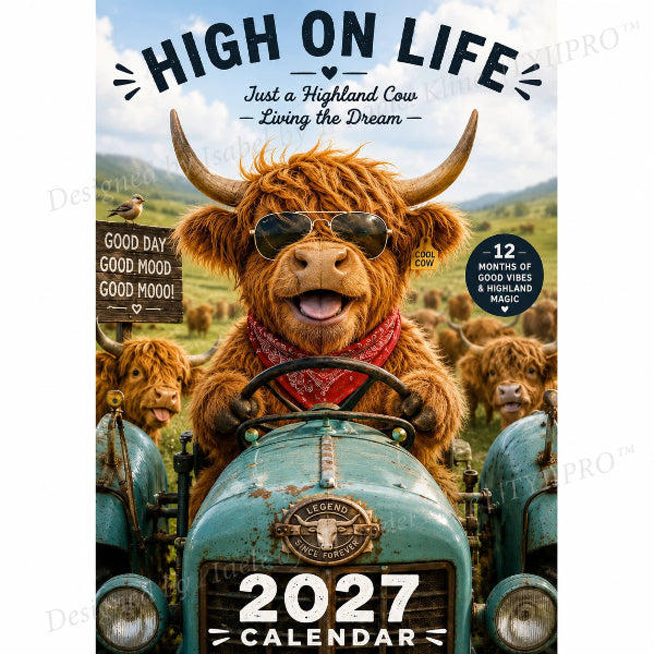 2027 Grappige wandkalender met Highland-koeien | A4-hangkalender | Ontworpen door Isabel Kline