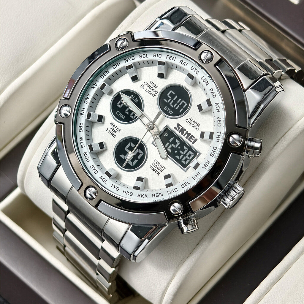 Waterdicht herenhorloge – roestvrij staal, analoog-digitaal, schokbestendig en robuust ontwerp