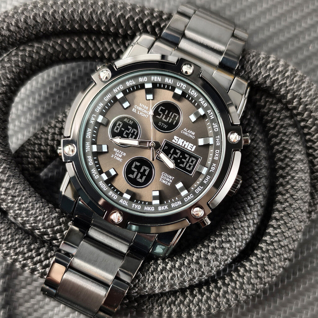 Waterdicht herenhorloge – roestvrij staal, analoog-digitaal, schokbestendig en robuust ontwerp