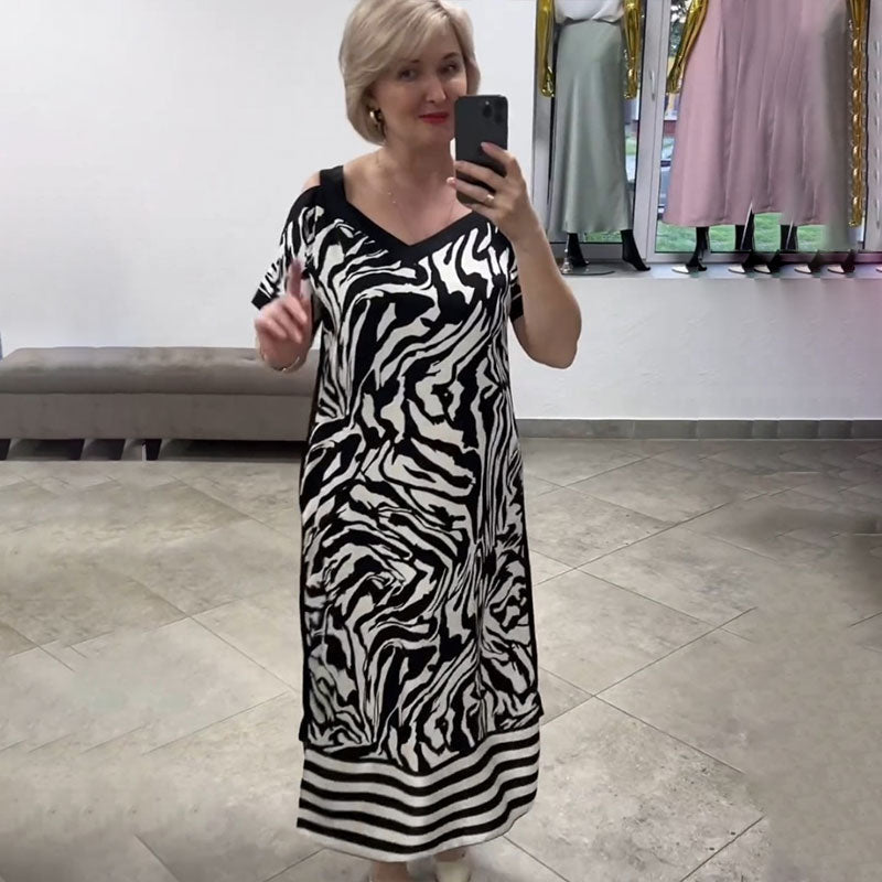 🌟Speciale aanbieding 45% KORTING🎁Zwart-wit bedrukte V-halsjurk