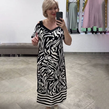 🌟Speciale aanbieding 45% KORTING🎁Zwart-wit bedrukte V-halsjurk