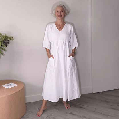 🌿 Diepe V-Hals Katoen-Linnen Zomerjurk met Zakken