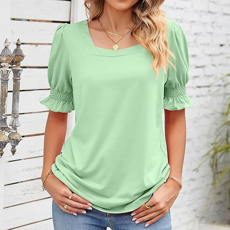 ⏳Limited sale path🌸T-shirt met vierkante hals en gesmokte mouwen voor dames