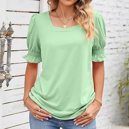 ⏳Limited sale path🌸T-shirt met vierkante hals en gesmokte mouwen voor dames