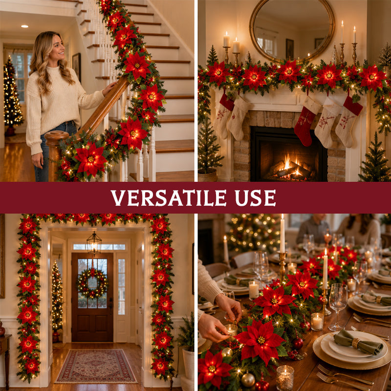 😍 🎄 Kerstster-lichtslinger – 2 m warme LED-slinger met rode bloemen en hulstblaadjes