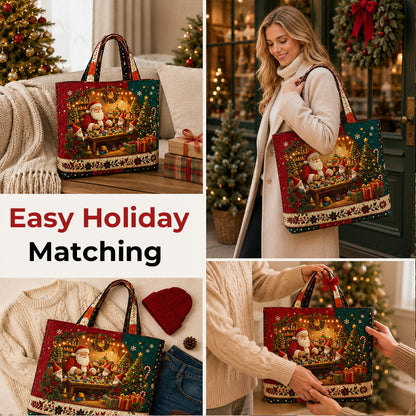 Vintage kerst-draagtas met kerstmanprint | Feestelijke herbruikbare boodschappentas