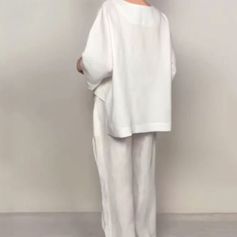 💞Gratis verzending⏳Effen kleur ronde hals lange mouwen casual top middelhoge taille zak rechte broek tweedelig set