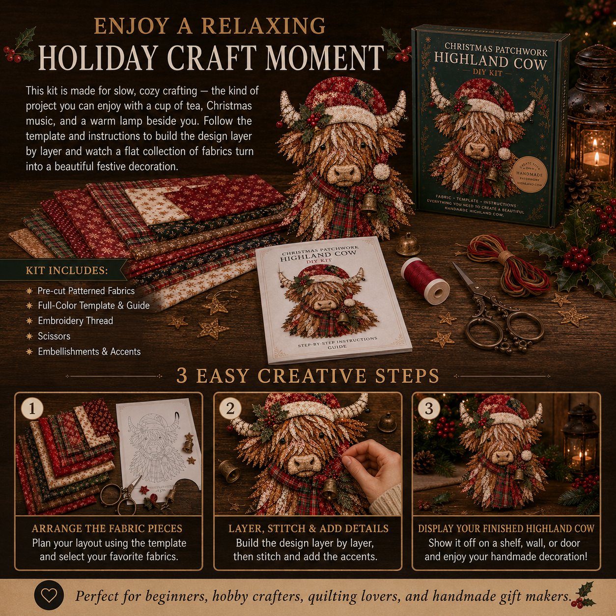 🔥LAATSTE DAG 49% KORTING - 🎅DIY-decoratieset met kerstpatchworkstof – Prachtige resultaten, geen ervaring nodig