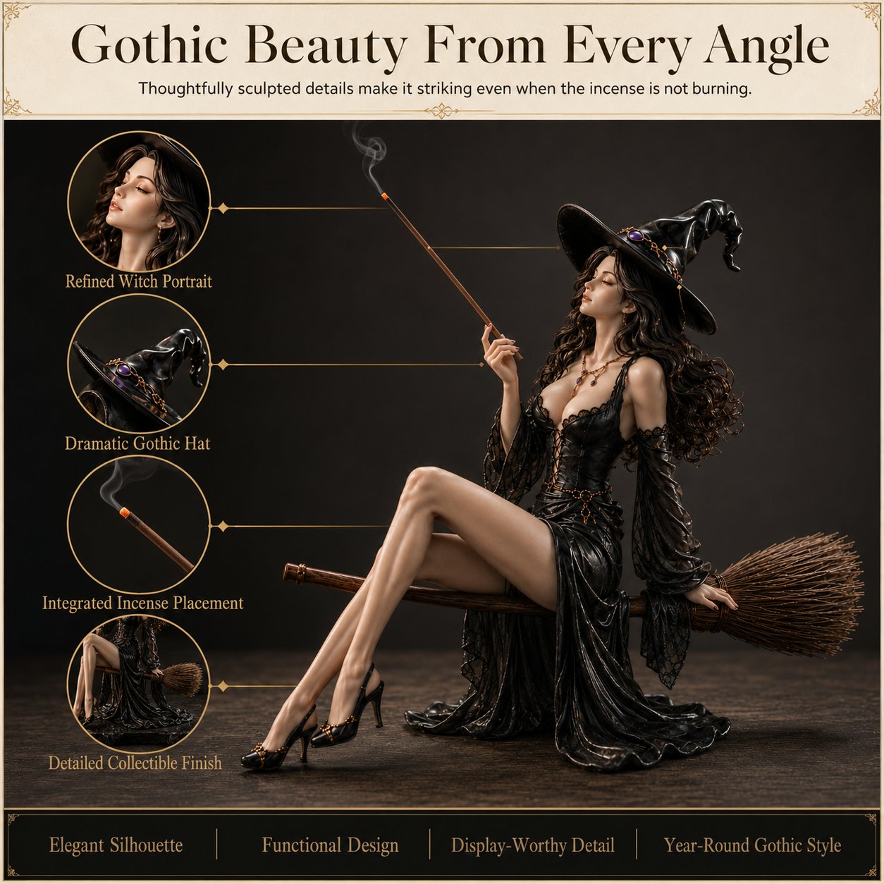 🔥 LAST DAY 49% OFF – 🪄 Gothic Witch Broom Incense Holder | Elegant Broom-Riding Witch Statue with Smoke-Spell Effect for Shelves, Altars & Moody Decor 🖤✨