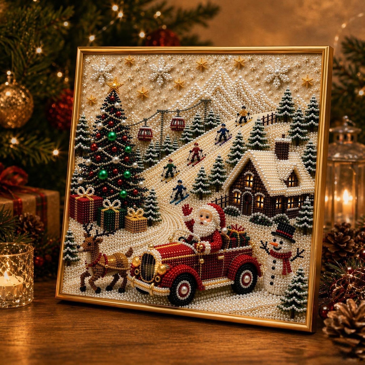 🎄🎅 Premium 3D-kerstwanddecoratieset met parels | Luxe canvas met flocklaag en krasbestendige, kleurvaste parelkorrels – doe-het-zelf kerstdecoratie ⛄️❄️