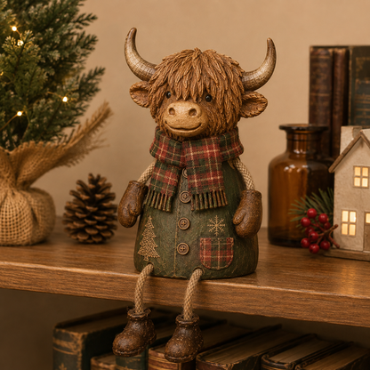 Feestelijke Highland Cow-figuren voor op de plank – Rustieke kerstdecoratie voor in huis