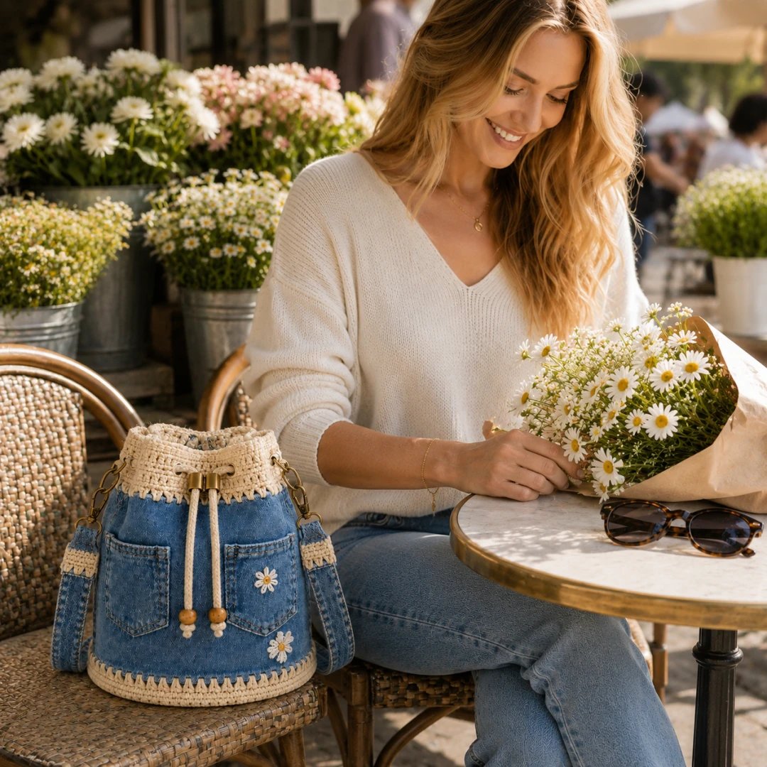 🔥SPECIALE AANBIEDING 50% KORTING✨👜Gehaakte bucketbag van denim