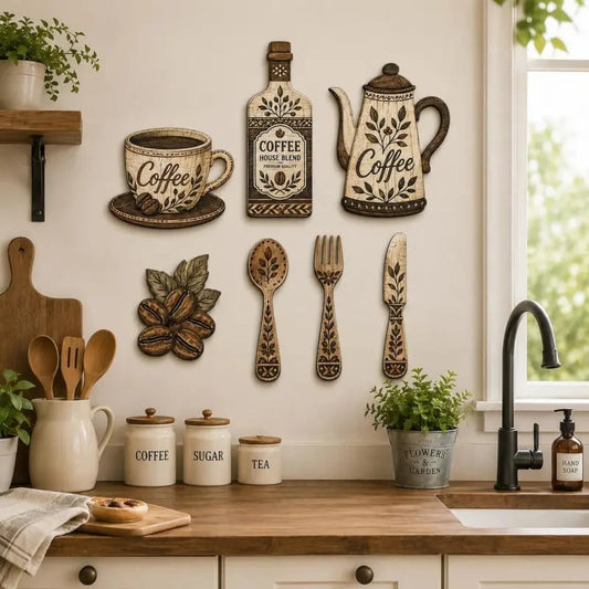 ☕ 7-delige houten wanddecoratieset met koffiethema voor in de keuken – Vintage wanddecoratie in boerderijstijl met koffiethem