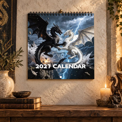 Dragons of a Higher World 2027-wandkalender – Epische fantasy-drakenkalender voor 12 maanden, mystieke en legendarische kunst, hangende planner voor drakenliefhebbers