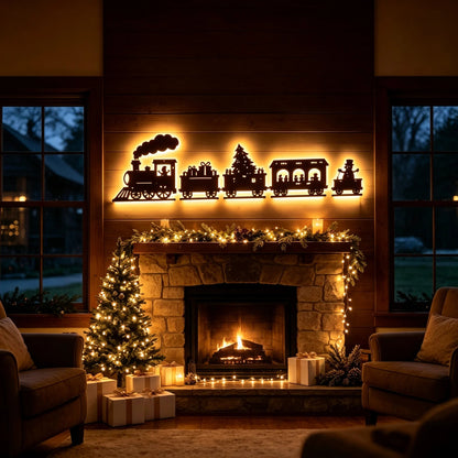 🎄 Kerstachtige houten LED-wandlamp in de vorm van een treintje ✨ Vintage wanddecoratie met silhouetten van kersttreintjes, warm verlicht kerstbord, kerstversiering voor thuis en feestjes, ook geschikt als cadeau
