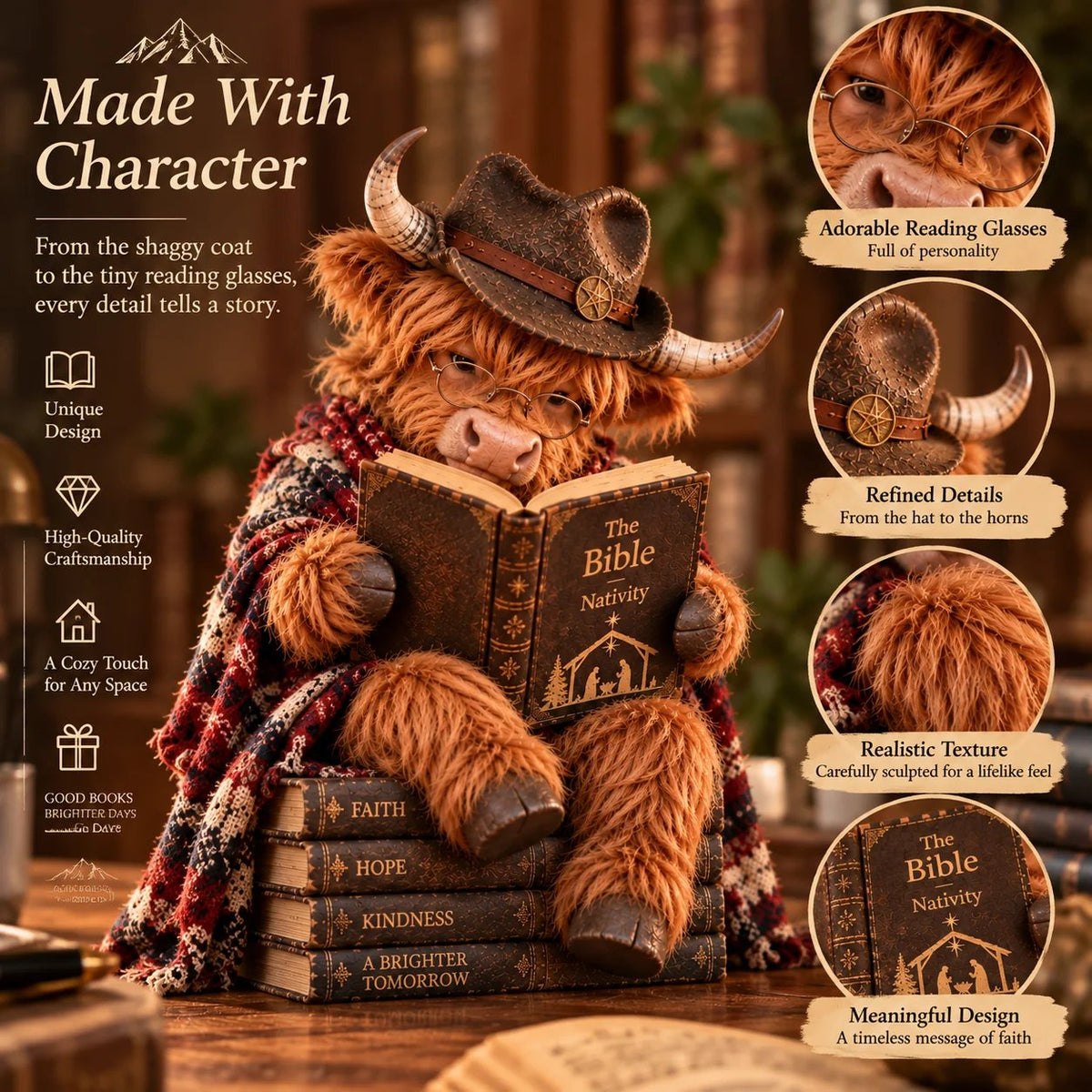 ⏳ Laatste dag: 49% KORTING – 🐮 Kerstfiguurtje van een Highland-koe – Een op het geloof geïnspireerd cadeau voor boekenliefhebbers