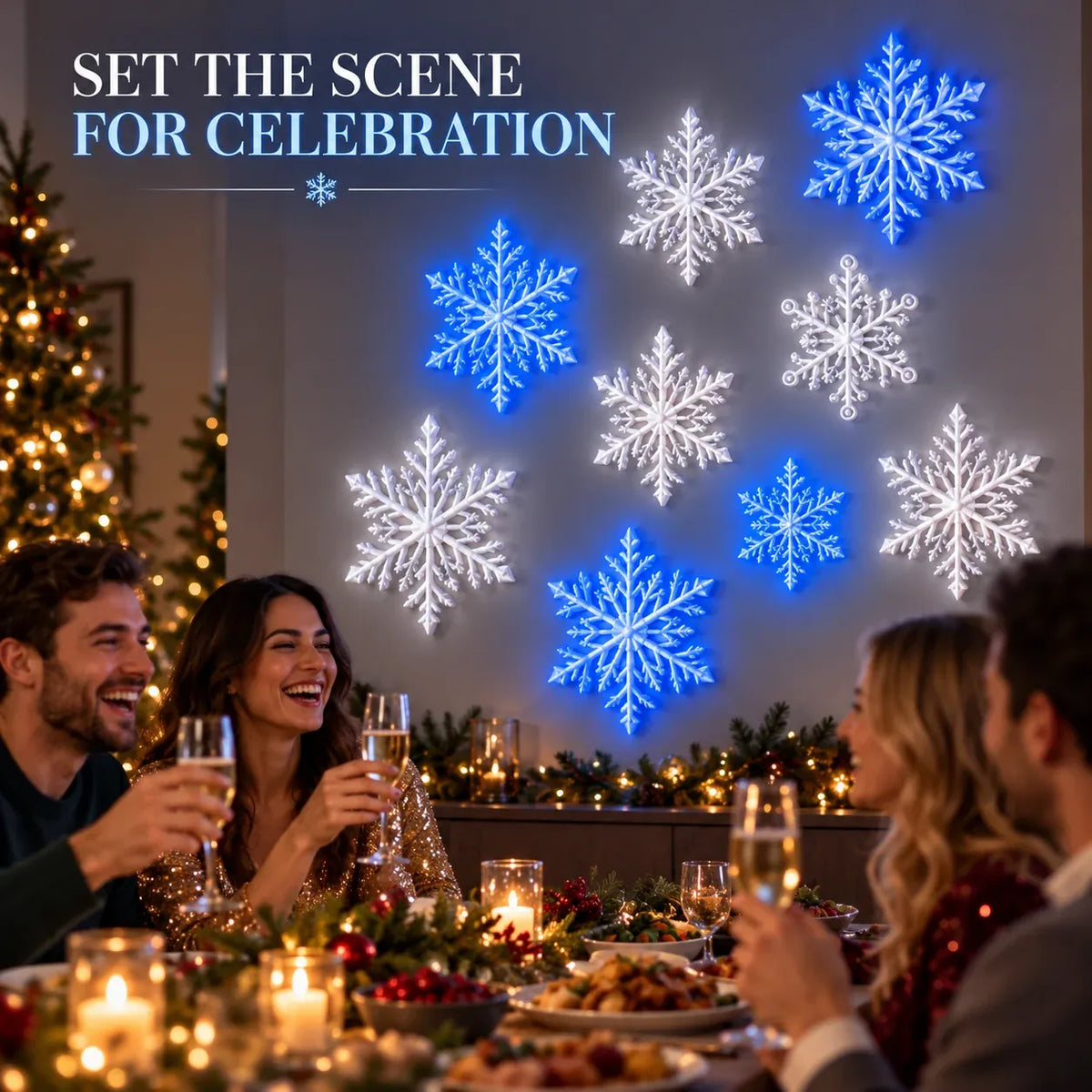 ❄️ LED-wandlampjes in de vorm van sneeuwvlokken | 3D-kerstversiering met sneeuwvlokken | Sets met 12, 24 en 36 sneeuwvlokken | Blauw en wit licht + afstandsbediening ✨