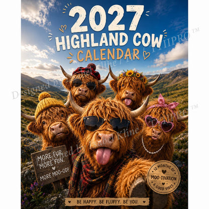 2027 Grappige wandkalender met Highland-koeien | A4-hangkalender | Ontworpen door Isabel Kline