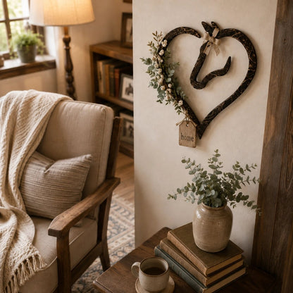 Rustieke wanddecoratie in de vorm van een paardenhart met groen – landelijke paarden-woondecoratie