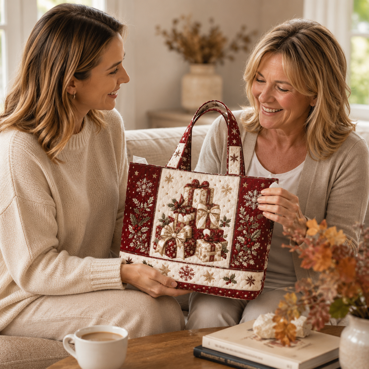 Vintage kerst-draagtas met kerstmanprint | Feestelijke herbruikbare boodschappentas