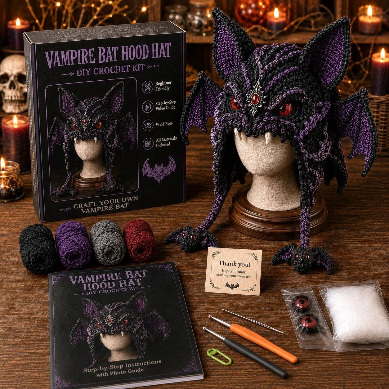 🎭🎃 DIY-haakpakket voor een Halloween-monsterkap | Hoogwaardig, zacht garen met stapsgewijze handleiding voor het zelf maken van een handgemaakte, draagbare karakterkap 🧶✨