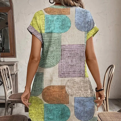 🌟Tijdelijke aanbieding 39% KORTING💯Elegante V-hals damesjurk met lange mouwen en geometrische prin