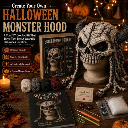 🎭🎃 DIY-haakpakket voor een Halloween-monsterkap | Hoogwaardig, zacht garen met stapsgewijze handleiding voor het zelf maken van een handgemaakte, draagbare karakterkap 🧶✨