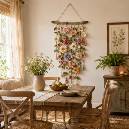 Boho-wanddecoratie met gehaakte bloemen
