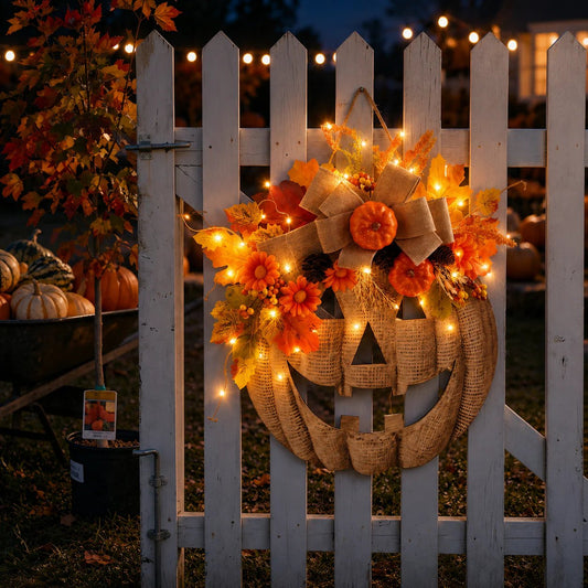 🎃✨ Verlichte pompoenkrans van jute