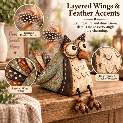 🦉 Rustieke Uil Plankzitter Decoratie met Bungelende Poten — Landelijke Sfeer