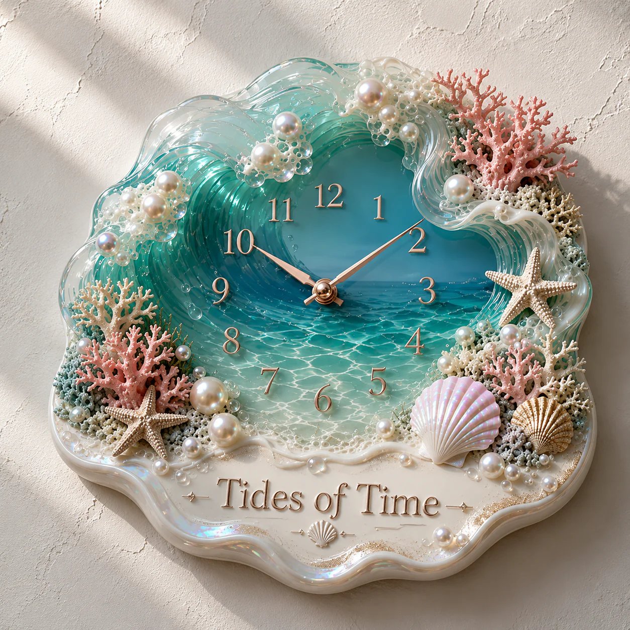 Tides of Time Ocean Wave wandklok – Iriserende kustdecoratie met parels, schelpen en koraa