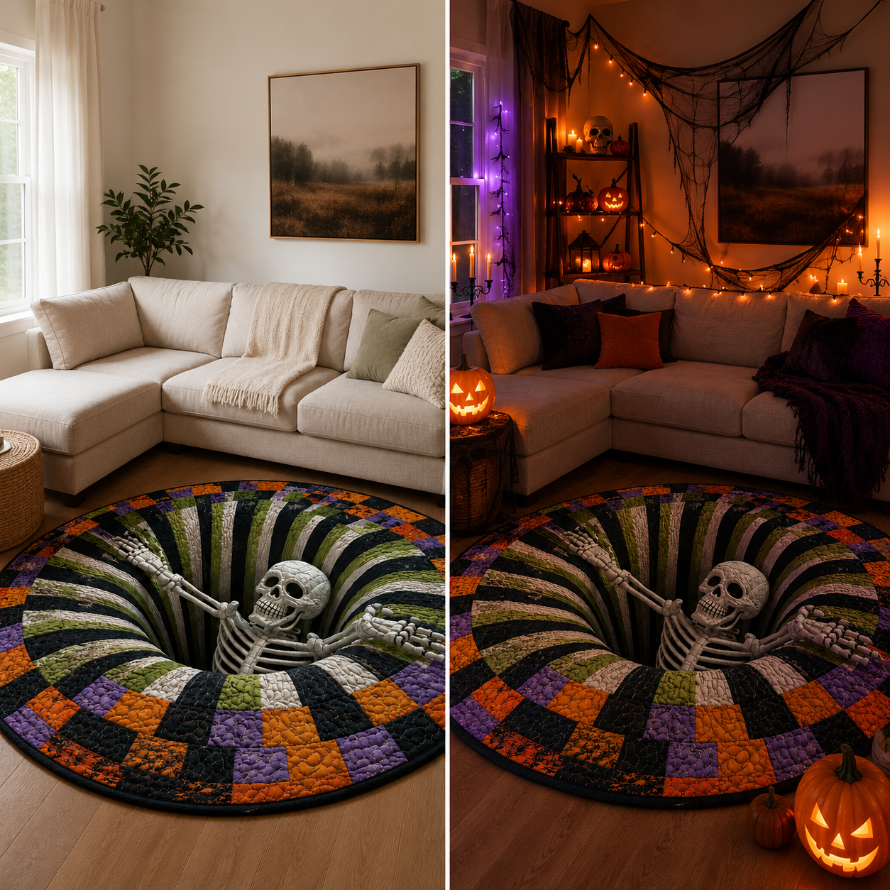 🎃3D-skelet met wervelmotief, gewatteerd, rond Halloween-vloerkleed